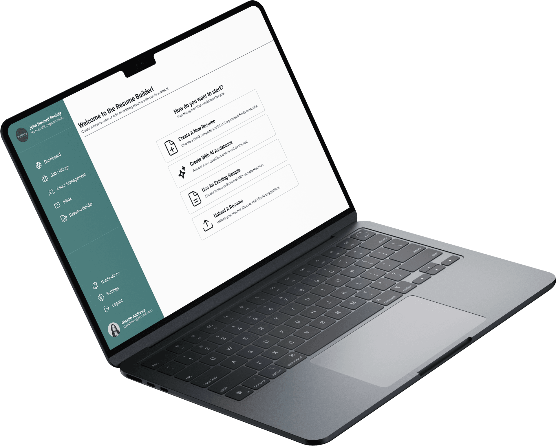 reachout resume builder page on laptop mockup